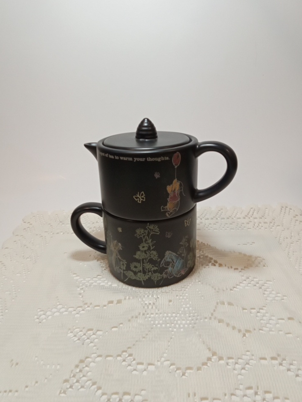 Black Ceramic Winnie The Pooh Stackable Tea For One Set with Lid